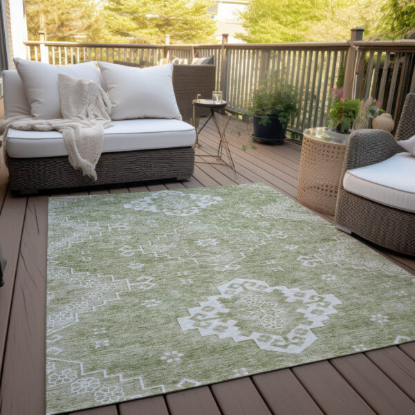 10' X 14' Artichoke Green Beige And Ivory Medallion Washable Indoor Outdoor Area Rug