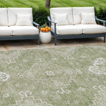10' X 14' Artichoke Green Beige And Ivory Medallion Washable Indoor Outdoor Area Rug