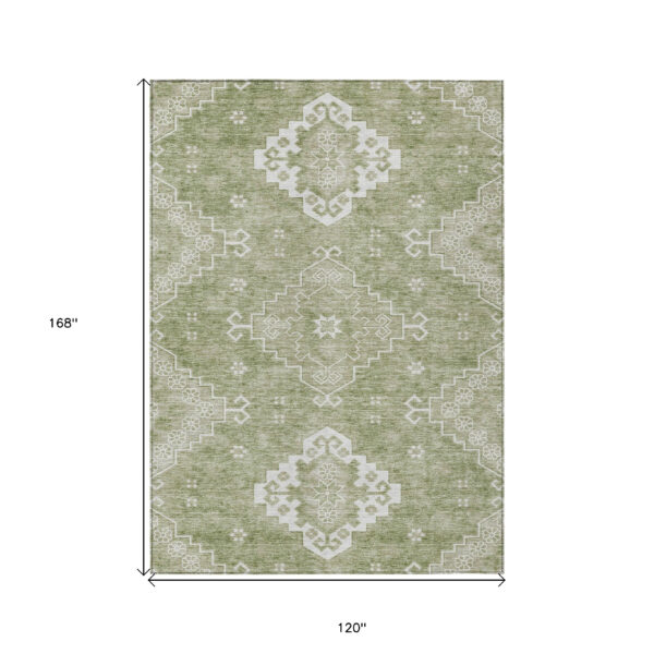 10' X 14' Artichoke Green Beige And Ivory Medallion Washable Indoor Outdoor Area Rug