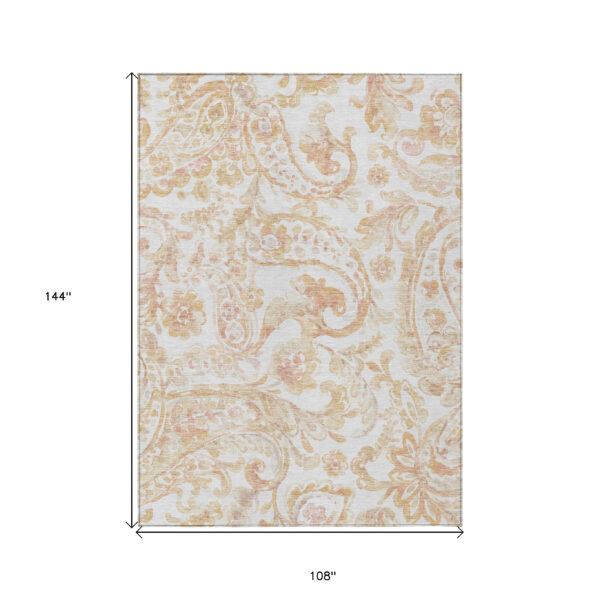 9' X 12' Coral Ivory And Peach Paisley Washable Indoor Outdoor Area Rug