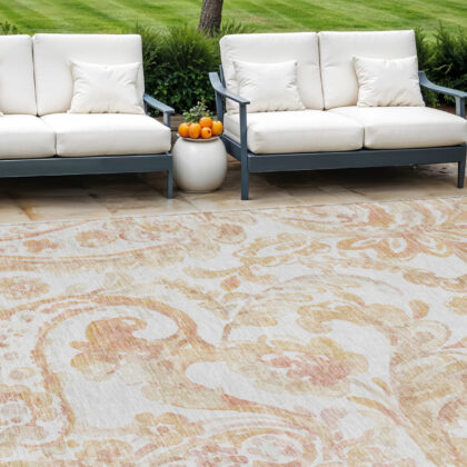 9' X 12' Coral Ivory And Peach Paisley Washable Indoor Outdoor Area Rug