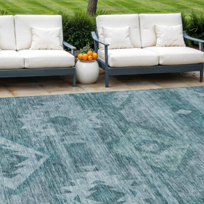 8' X 10' Teal Blue And Aqua Southwestern Washable Indoor Outdoor Area Rug