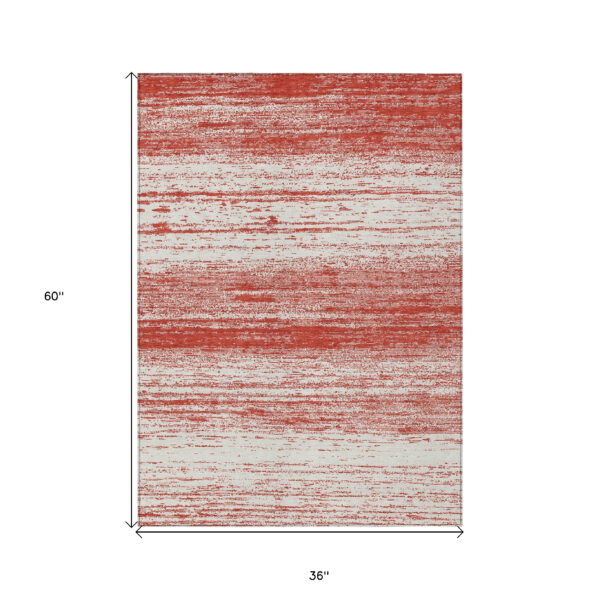 3' X 5' Red And Ivory Striped Washable Indoor Outdoor Area Rug