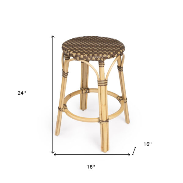 24" Natural and Brown Rattan Backless Counter Height Bar Chair