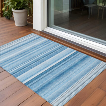 3' X 5' Blue Striped Washable Non Skid Indoor Outdoor Area Rug