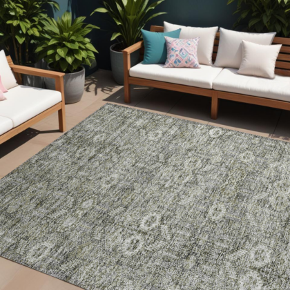 10' X 14' Cream and Tan Floral Washable Non Skid Indoor Outdoor Area Rug