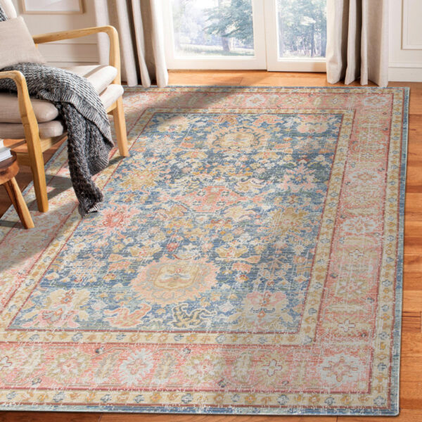2' x 3' Blue and Pink Oriental Power Loom Distressed Area Rug
