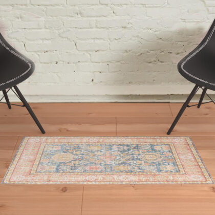 2' x 3' Blue and Pink Oriental Power Loom Distressed Area Rug