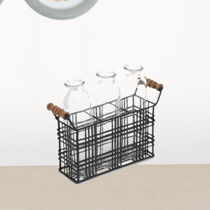 8" Set of Three Glass Bottles in Black Wire Basket