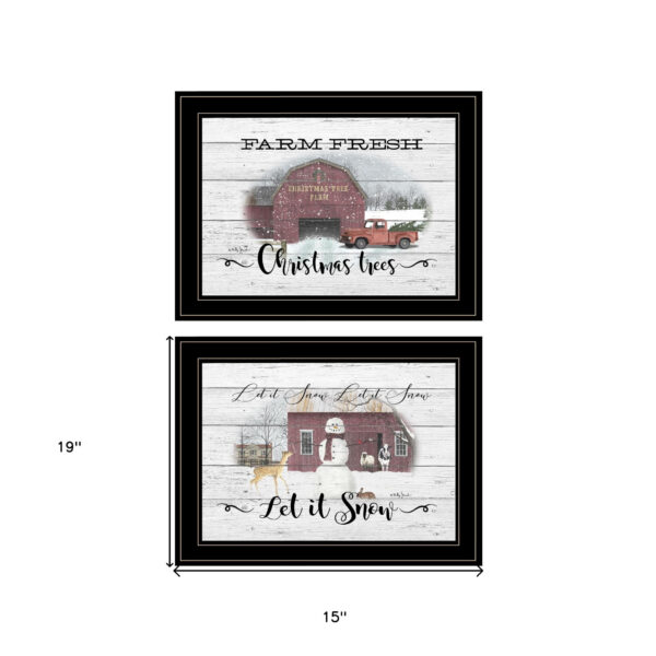 Set Of Two Farm Christmas Trees and Snow Black Framed Print Wall Art