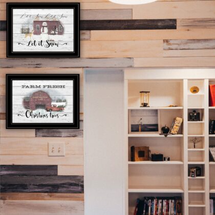 Set Of Two Farm Christmas Trees and Snow Black Framed Print Wall Art