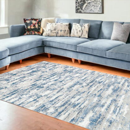 10' Blue and Off White Abstract Washable Non Skid Runner Area Rug