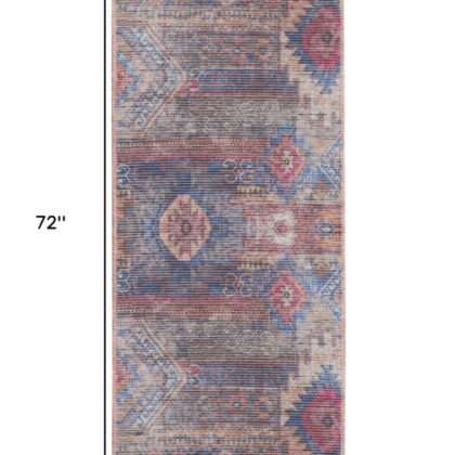 2' X 6' Red And Blue Southwestern Power Loom Distressed Washable Runner Rug