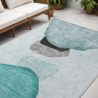 5' X 8' Ivory Teal and Gray Abstract Washable Non Skid Indoor Outdoor Area Rug