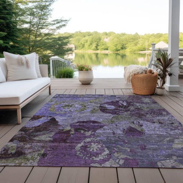 9' X 12' Purple and Green Floral Washable Non Skid Indoor Outdoor Area Rug