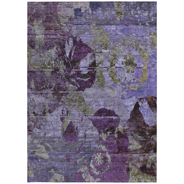 9' X 12' Purple and Green Floral Washable Non Skid Indoor Outdoor Area Rug