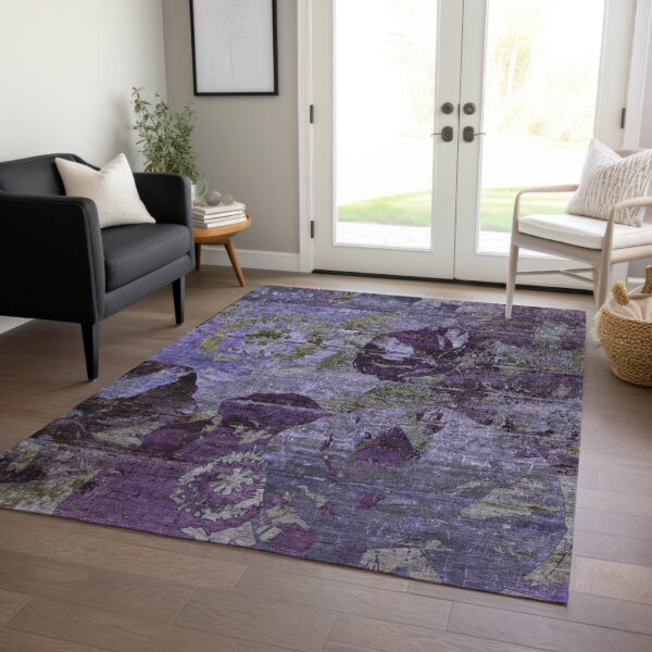 9' X 12' Purple and Green Floral Washable Non Skid Indoor Outdoor Area Rug