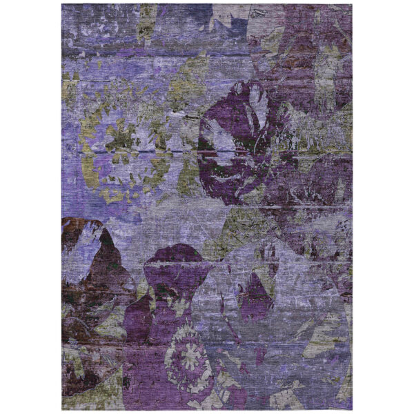9' X 12' Purple and Green Floral Washable Non Skid Indoor Outdoor Area Rug