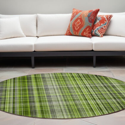 8' X 8' Green Black and Gray Round Plaid Washable Non Skid Indoor Outdoor Area Rug