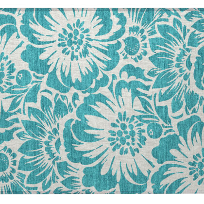 2' X 3' Teal and Ivory Floral Washable Non Skid Indoor Outdoor Area Rug
