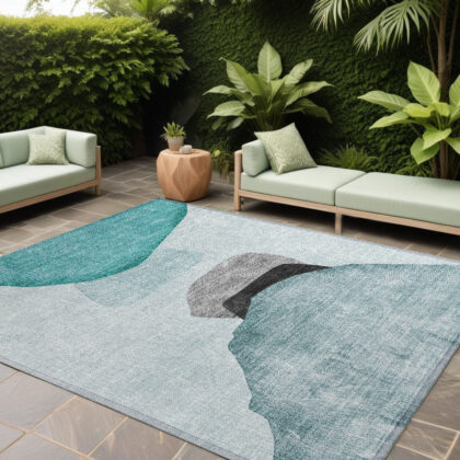 9' X 12' Ivory Teal and Gray Abstract Washable Non Skid Indoor Outdoor Area Rug