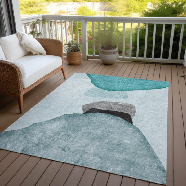 9' X 12' Ivory Teal and Gray Abstract Washable Non Skid Indoor Outdoor Area Rug