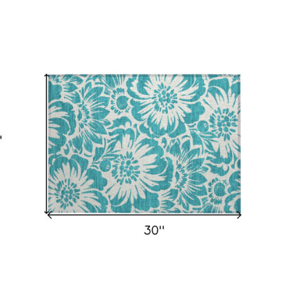 2' X 3' Teal and Ivory Floral Washable Non Skid Indoor Outdoor Area Rug