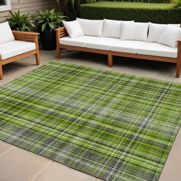 10' X 14' Green Plaid Washable Non Skid Indoor Outdoor Area Rug