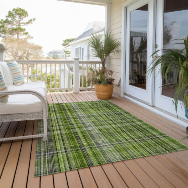 10' X 14' Green Plaid Washable Non Skid Indoor Outdoor Area Rug