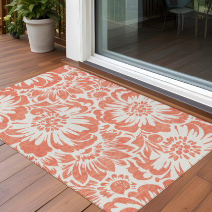 3' X 5' Salmon and Ivory Floral Washable Non Skid Indoor Outdoor Area Rug