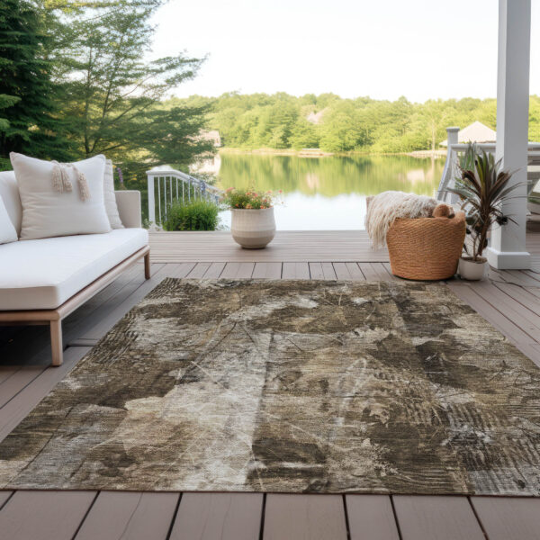 8' X 10' Taupe Floral Washable Non Skid Indoor Outdoor Area Rug