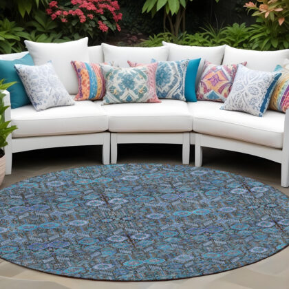 8' X 8' Teal Round Tribal Washable Indoor Outdoor Area Rug