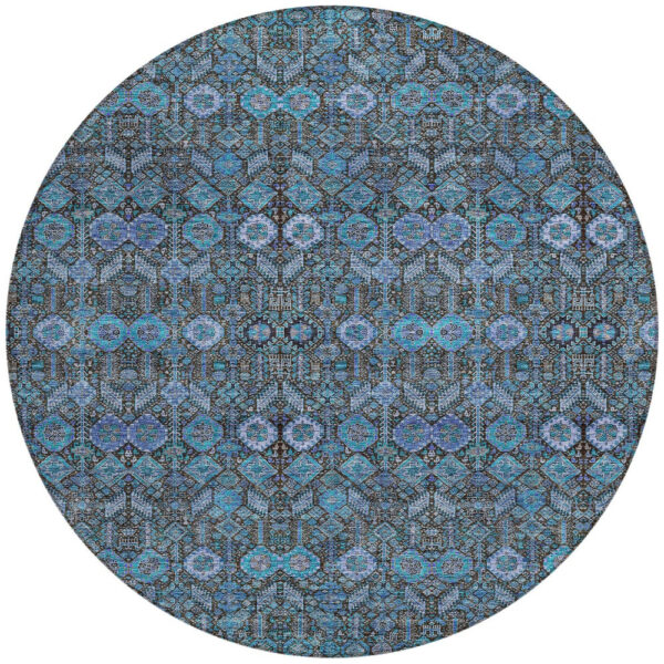 8' X 8' Teal Round Tribal Washable Indoor Outdoor Area Rug