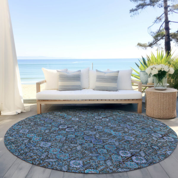 8' X 8' Teal Round Tribal Washable Indoor Outdoor Area Rug