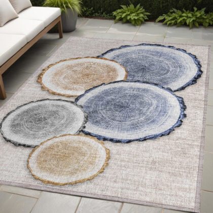 5' X 8' Beige Blue and Gold Faux Bois Washable Non Skid Indoor Outdoor Area Rug