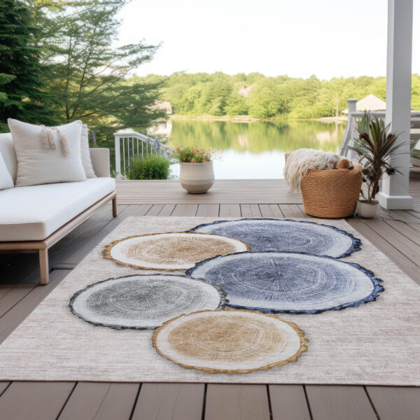 5' X 8' Beige Blue and Gold Faux Bois Washable Non Skid Indoor Outdoor Area Rug