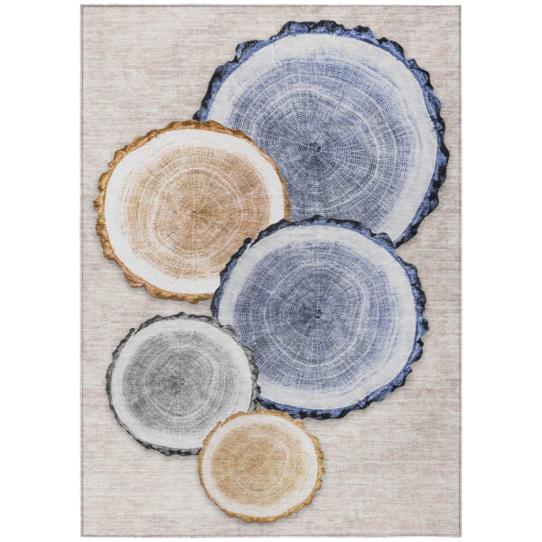 5' X 8' Beige Blue and Gold Faux Bois Washable Non Skid Indoor Outdoor Area Rug