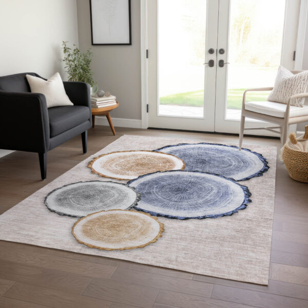 5' X 8' Beige Blue and Gold Faux Bois Washable Non Skid Indoor Outdoor Area Rug