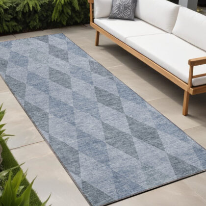 8' Runner Denim Blue Geometric Washable Non Skid Indoor Outdoor Runner Rug