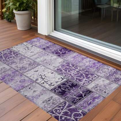 2' X 3' Purple Patchwork Washable Non Skid Indoor Outdoor Area Rug