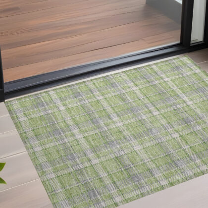 3' X 5' Green and Gray Plaid Washable Non Skid Indoor Outdoor Area Rug
