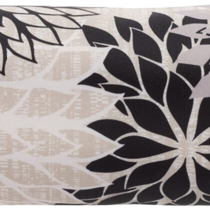 6" X 20" Black Gray and White Bolster Floral Indoor Outdoor Throw Pillow