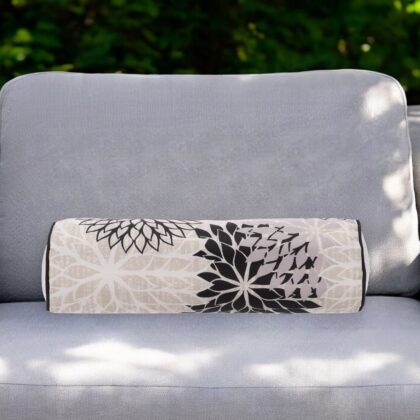 6" X 20" Black Gray and White Bolster Floral Indoor Outdoor Throw Pillow