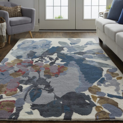 10' X 14' Blue Gray And Pink Wool Floral Tufted Handmade Area Rug