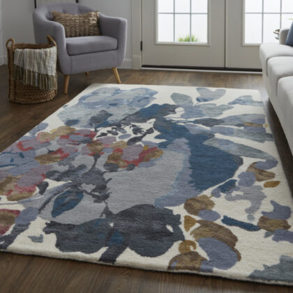 10' X 14' Blue Gray And Pink Wool Floral Tufted Handmade Area Rug