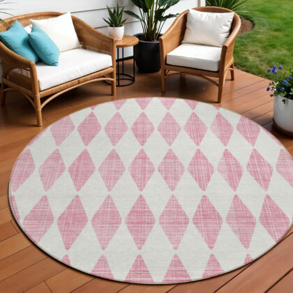 8' Pink And Ivory Round Geometric Washable Indoor Outdoor Area Rug