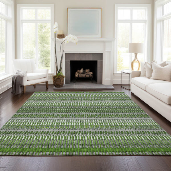 8' X 10' Green And Ivory Striped Washable Indoor Outdoor Area Rug