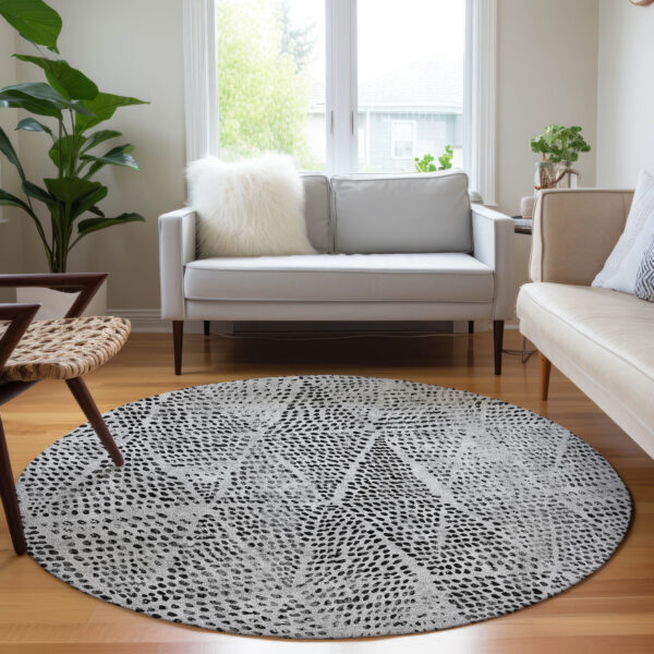 8' Pewter Charcoal And Ivory Round Geometric Washable Indoor Outdoor Area Rug