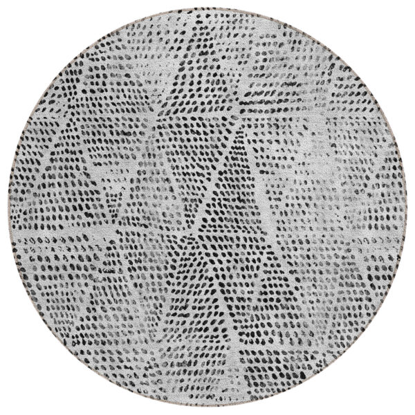 8' Pewter Charcoal And Ivory Round Geometric Washable Indoor Outdoor Area Rug