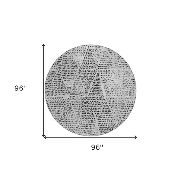8' Pewter Charcoal And Ivory Round Geometric Washable Indoor Outdoor Area Rug